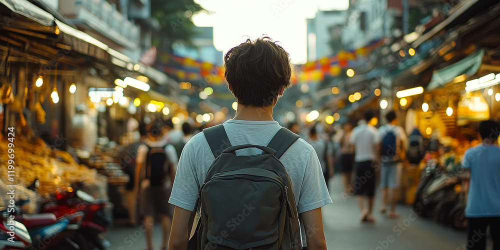 Backpacker standing in the middle of a bustling street market during the evening, surrounded by vibrant colors and busy vendors, perfect for travel blogs, tourism promotions, or lifestyle editorials. Backpacker standing in the middle of a bustling street market during the evening, surrounded by vibrant colors and busy vendors, perfect for travel blogs, tourism promotions, or lifestyle editorials.