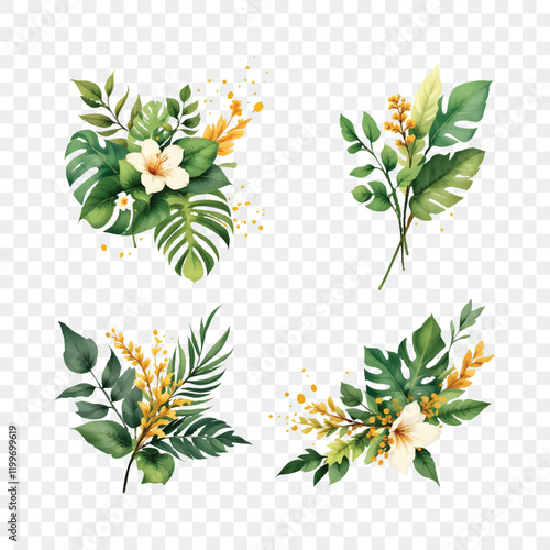 Watercolor vector plants flowers isolated on transparent background. Floristic elements