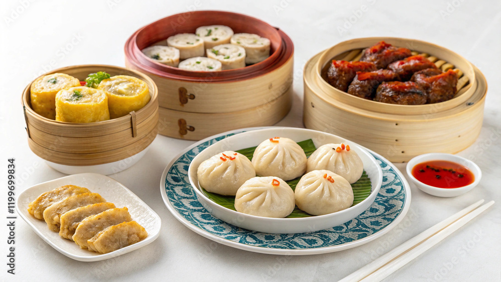Dim Sum on a rustic wooden table, ready to be savored as a delicious dessert Dim Sum on a rustic wooden table, ready to be savored as a delicious dessert