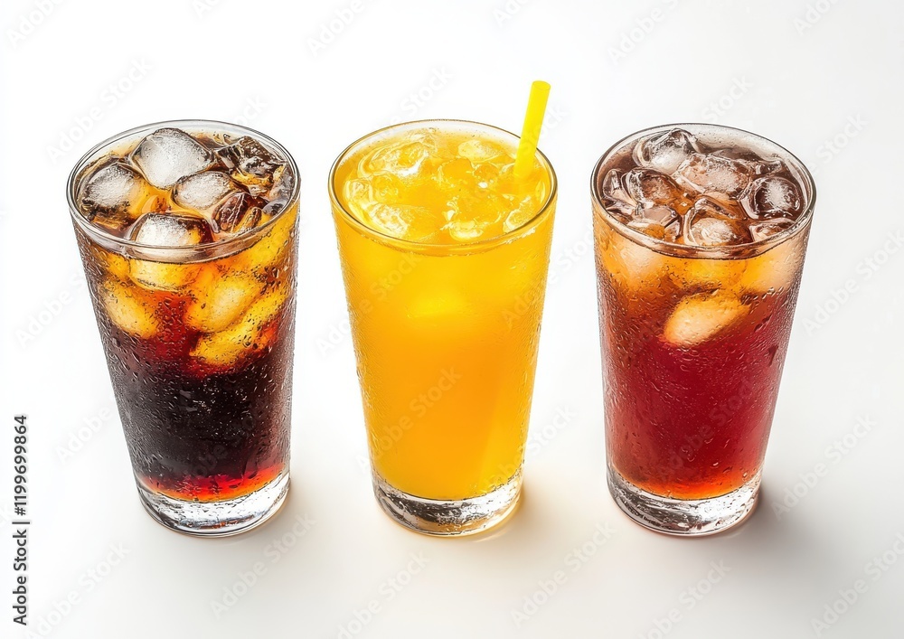 Refreshing Assortment of Cold Beverages with Ice Cubes, Including Cola, Citrus Drink, and Tea on White Background for Summer Vibes and Party Themes