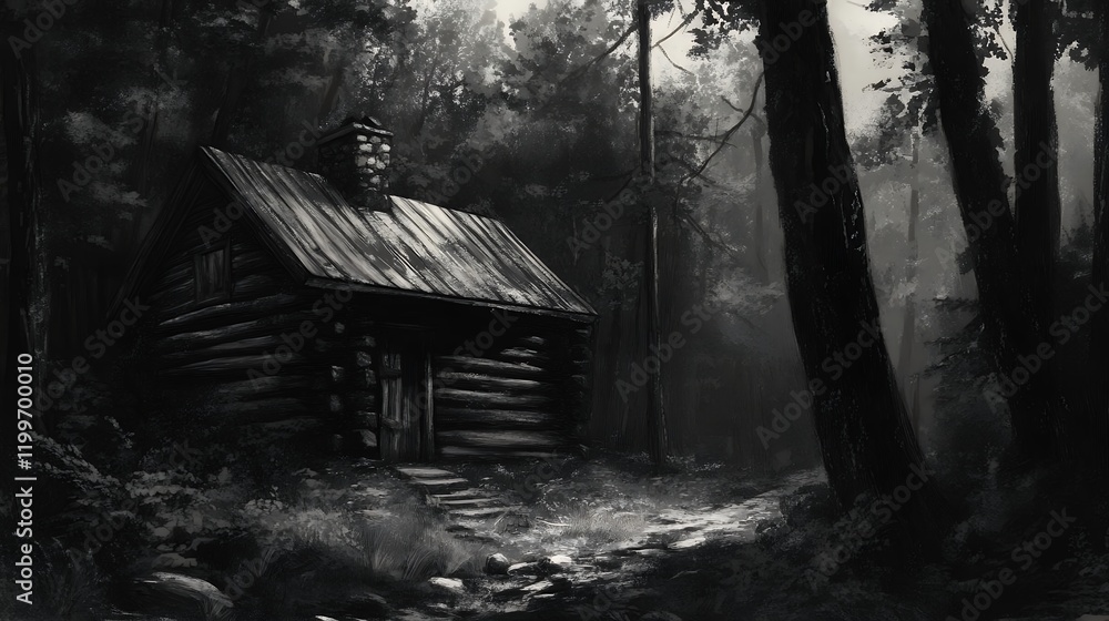 Secluded Log Cabin in Dark Forest Digital Art Print Secluded Log Cabin in Dark Forest Digital Art Print