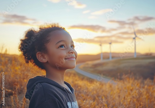 Happy girl looking at sunset with wind turbines.