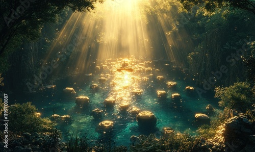 Wallpaper Mural Sunlit forest stream, rocks, boat, magical. Torontodigital.ca