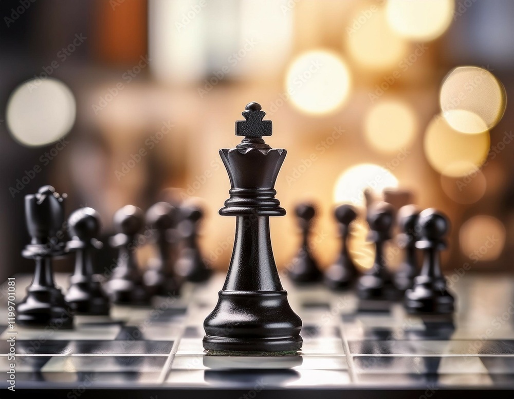 chess game with black king piece in focus and blurred background symbolizing business competition and strategic thinking for marketing success chess game with black king piece in focus and blurred background symbolizing business competition and strategic thinking for marketing success