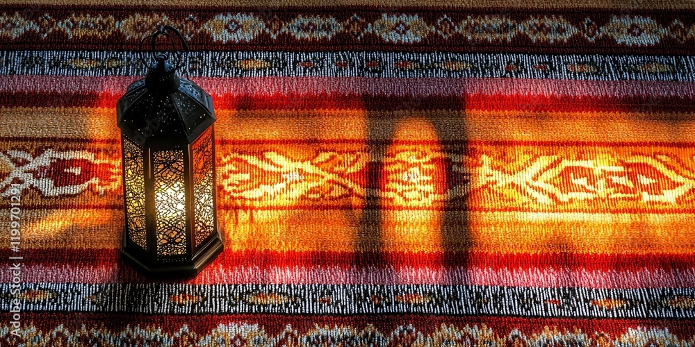 Illuminated Moroccan Lantern on Ornate Rug Warm Light Ethnic Pattern Illuminated Moroccan Lantern on Ornate Rug Warm Light Ethnic Pattern