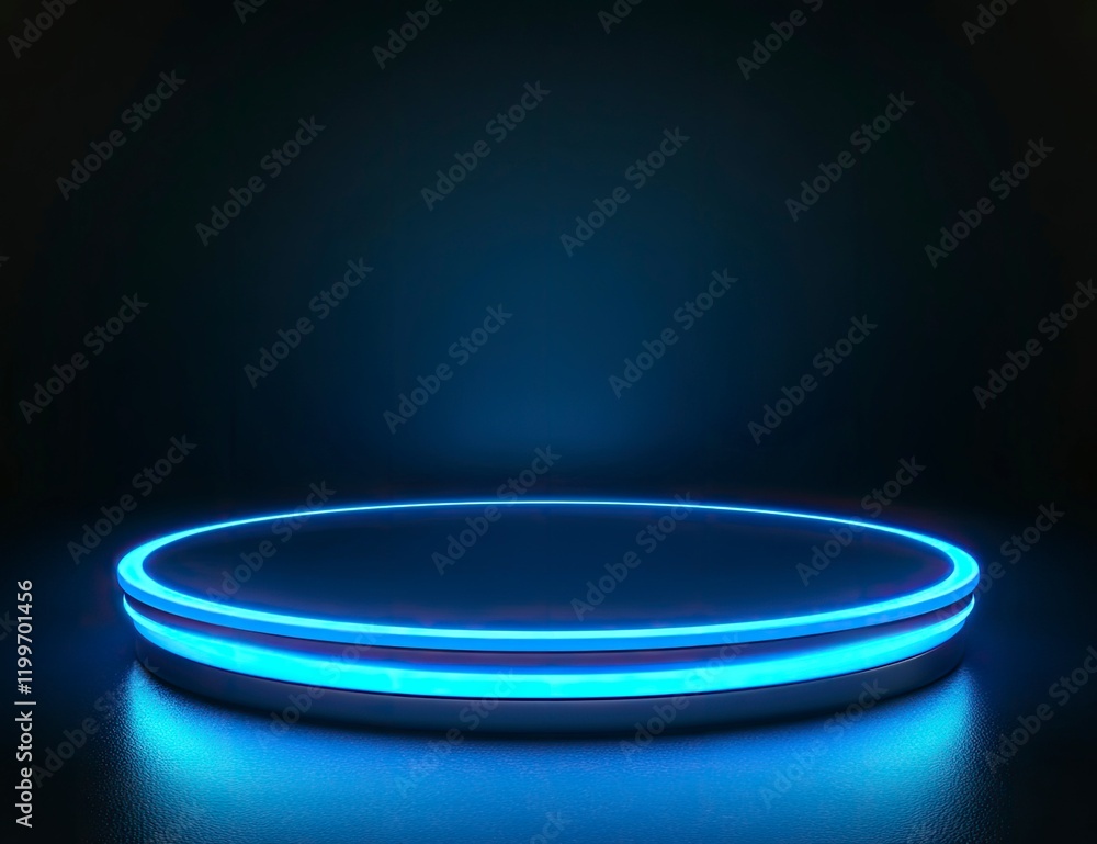 3D rendering of a blue background podium with a glowing neon light ring. Minimal scene for product display presentation design vector illustration. Blue abstract scene mockup studio room. 3D rendering of a blue background podium with a glowing neon light ring. Minimal scene for product display presentation design vector illustration. Blue abstract scene mockup studio room.