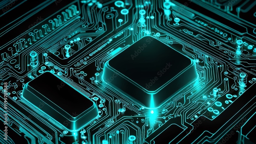 Fototapeta premium Neon-Lit Computer Motherboard with Circuit Tracks and Chips