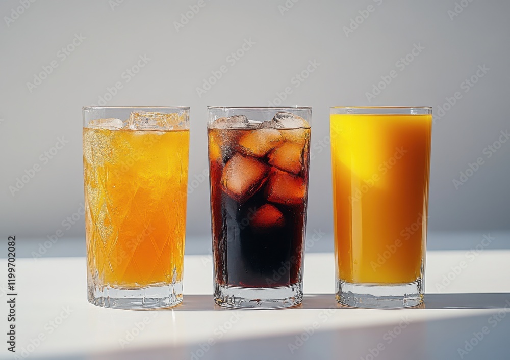Refreshing Beverage Selection with Ice-Cooled Drinks Showcasing Orange Juice, Cola, and Iced Tea in Clear Glasses Against a Bright Background Refreshing Beverage Selection with Ice-Cooled Drinks Showcasing Orange Juice, Cola, and Iced Tea in Clear Glasses Against a Bright Background