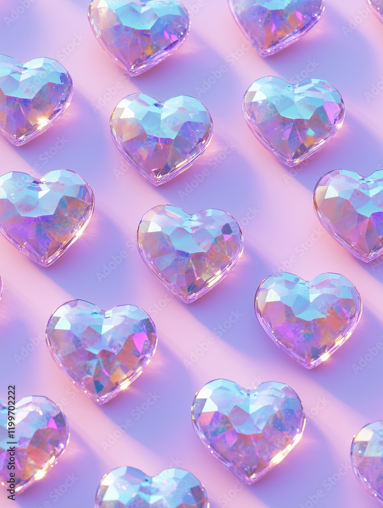 Fototapeta premium Iridescent heart-shaped sequins arranged beautifully on a pastel background creating a sparkling visual display