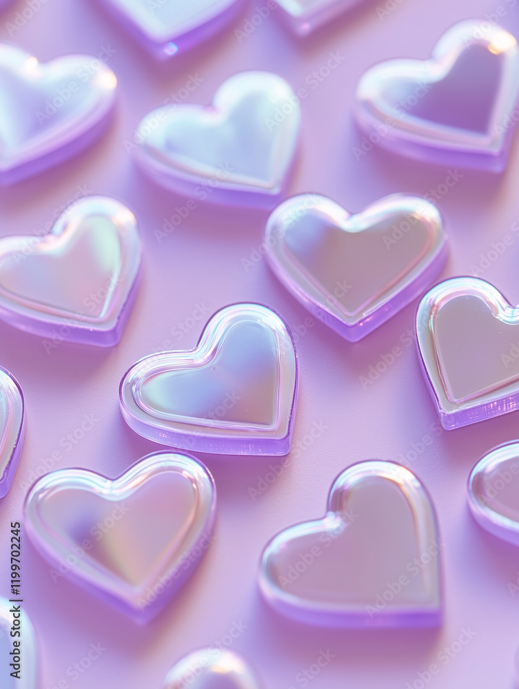 Shimmering iridescent heart-shaped sequins artfully arranged on a soft pastel surface for creative and decorative uses Shimmering iridescent heart-shaped sequins artfully arranged on a soft pastel surface for creative and decorative uses