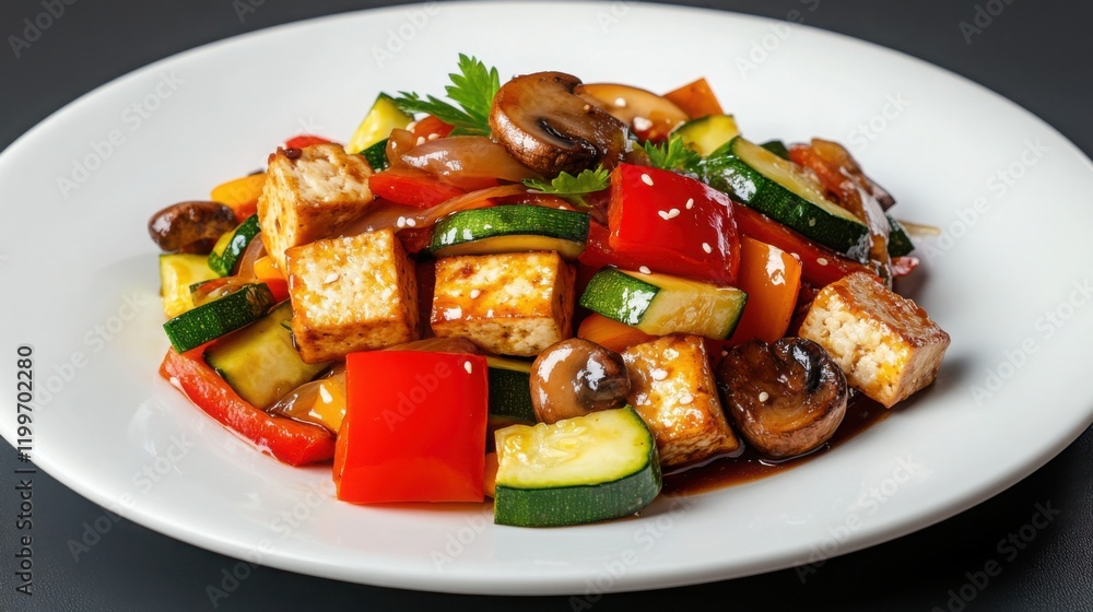 a colorful vegetable stir-fry with bell peppers, zucchini, mushrooms a colorful vegetable stir-fry with bell peppers, zucchini, mushrooms