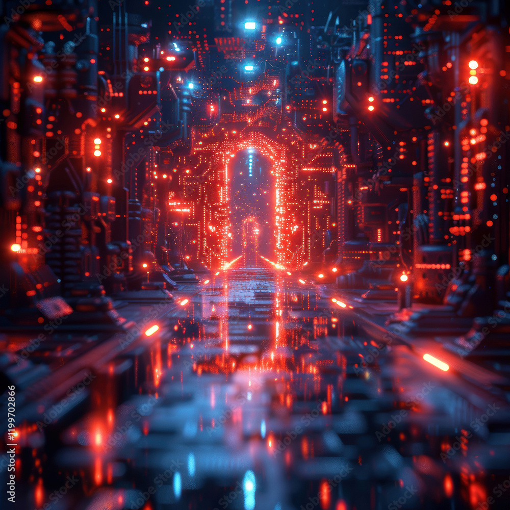 Obraz premium Image showcases a detailed underwater scene with technological elements, featuring a lit pathway in a red-tinted environment The setting combines organic and digital themes, possi - AI-Generated