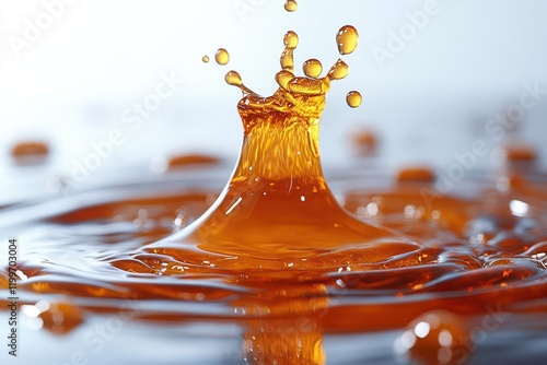 caramel liquid midsplash creating dynamic crown formation amber droplets suspended in air clean white background with perfect reflections photo