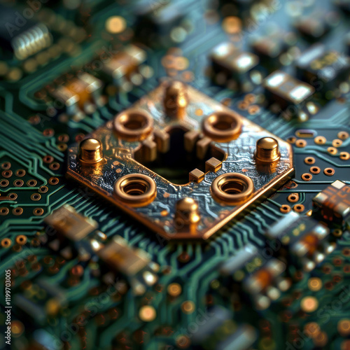 Close-up view of a green solder masked PCB with integrated circuits, resistors, possibly capacitors or inductors Central component is a gold-plated device processormicrocontroll - AI-Generated photo