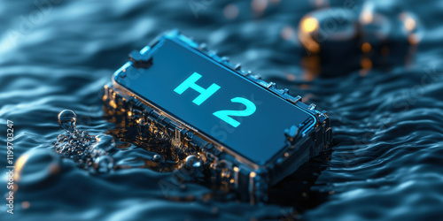 futuristic hydrogen fuel cell floating on rippling water, glowing with blue light photo