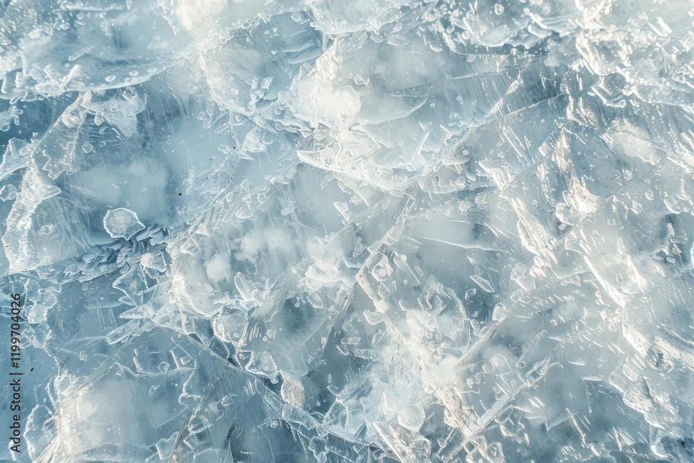 Obraz premium Close-up of cracked transparent ice surface with intricate fractures and patterns. Abstract winter photography for design and background.