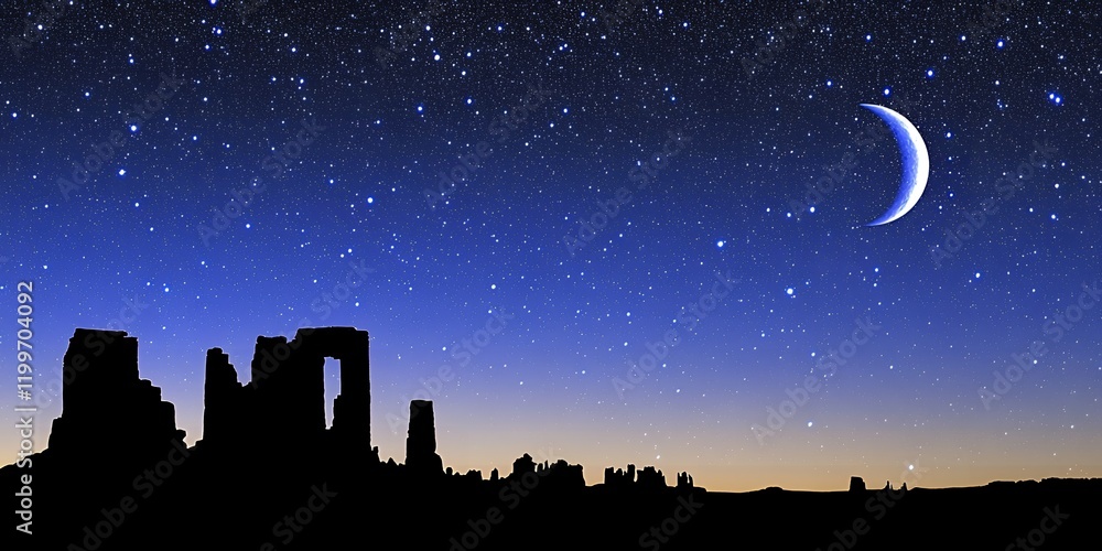 Naklejka premium Majestic Night Sky over Ancient Ruins Crescent Moon Stars and Silhouetted Landscape