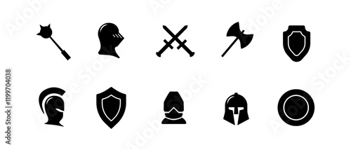 A minimalistic black vector icon set featuring helmets, swords, and axes, representing antique warriors, Greek and Roman soldiers, knights, and medieval battles.