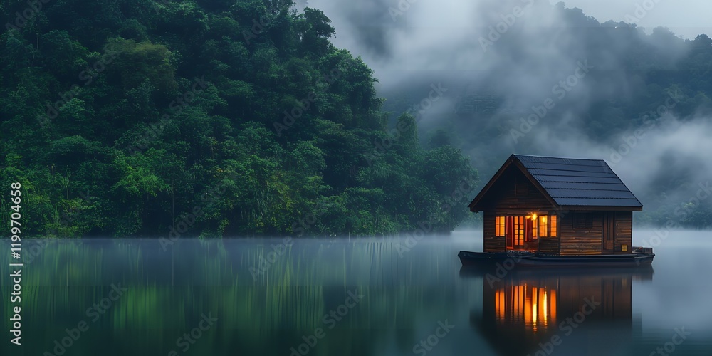 Obraz premium Serene Lakeside Cabin at Dusk Misty Forest Tranquil Water Reflection