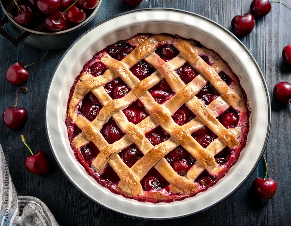 fresh baked cherry pie with lattice crust and cherries