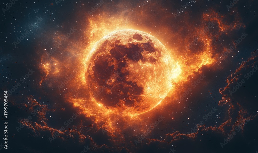 Obraz premium Fiery planet engulfed in cosmic nebula.