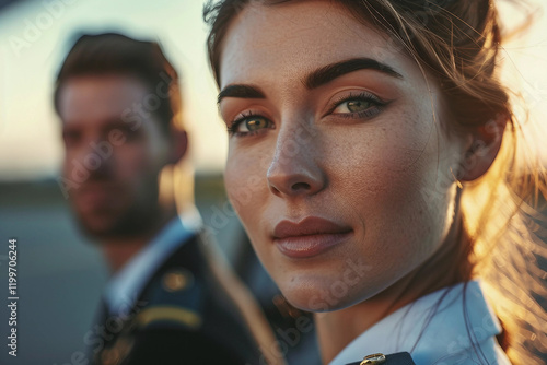 Generative AI portrait of professional airline crew worker steward stewardess pilot in uniform, showcasing service confident expression photo