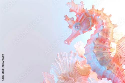 A surrealistic scene of a seahorse with seashell-shaped shades.blank templated, rule of thirds, space for text, isolated white background neon light, extreme right, rule of third photo