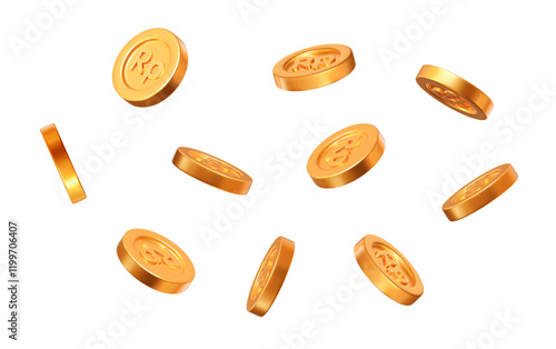 3d flying gold Indonesian Rupiah coins on white isolated background. Rich or casino luck concept. Precious expensive treasure. Stock vector illustration.	