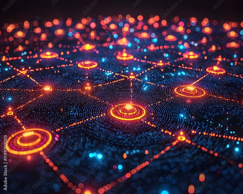 Obraz premium Digital Arena of Glowing Nodes Representing Businesses Competing on a Blockchain Network for Dominance