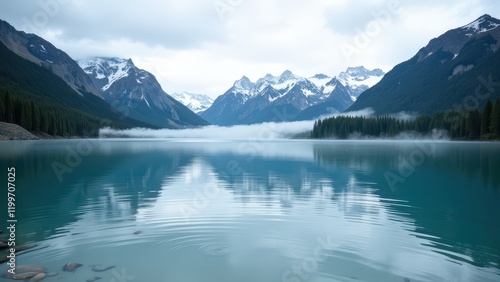 A serene teal lake lies beneath majestic mountains. Its mirror-like surface reflects the tranquil sky, creating an ethereal scene where nature's beauty seamlessly blends into infinity
