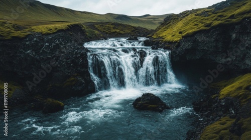 Cascading Waterfall in a Mossy Mountain Valley