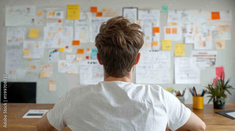 Focused Individual Analyzing Creative Ideas at Workspace Focused Individual Analyzing Creative Ideas at Workspace