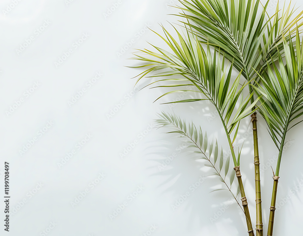 Obraz premium Serene Palm Fronds Against White Background Minimalist Nature Image. Palm Sunday