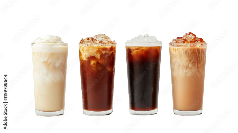 Four refreshing iced coffee drinks served in clear glasses with ice and cream, perfect for hot summer days on a white isolated background. Four refreshing iced coffee drinks served in clear glasses with ice and cream, perfect for hot summer days on a white isolated background.