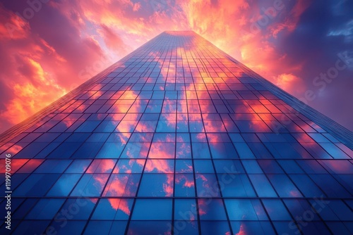 Wallpaper Mural sculptural glass and steel skyscraper with organic curves, dramatic angular shadows, reflecting sunset clouds in its mirrored surface Torontodigital.ca