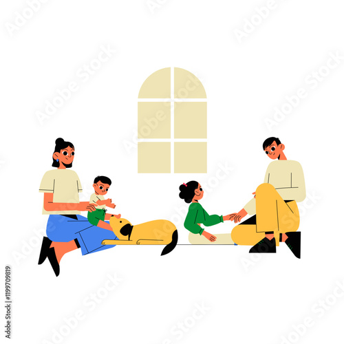 Family Relaxing Together At Home With Parents And Children In Flat Vector Illustration Symbolizing Bonding, Togetherness, And Parenting, Isolated On White Background.