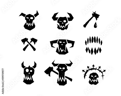 A savage orc symbol with a smiling skull, horns, and a shadowy outline, representing Gothic brutality, monsters, and warlords in a minimalistic style.
