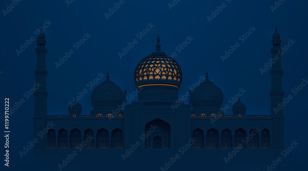 Obraz premium 3d illustration of mosque on blue background. 3d rendering. Contemporary mosque illustration in jet black with detailed domes and shadows