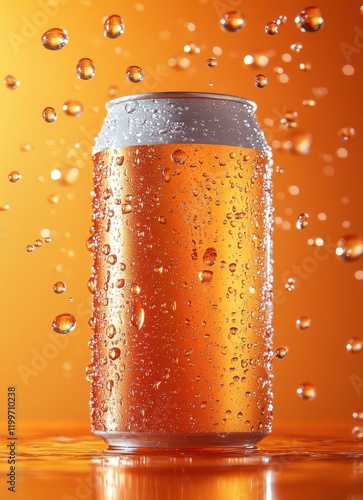 Refreshing Cold Beverage in an Aluminum Can Surrounded by Droplets on an Orange Background Ideal for Advertisements and Marketing Campaigns photo