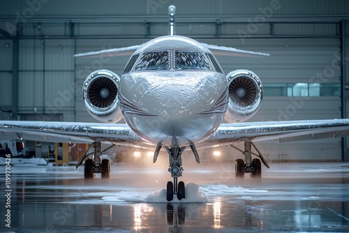Private jet cleaning process in a hangar with dense foam application and reflections on a glossy surface