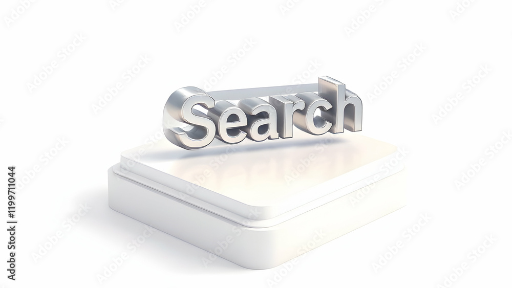3D Render of Metallic Search Button on White Platform 3D Render of Metallic Search Button on White Platform