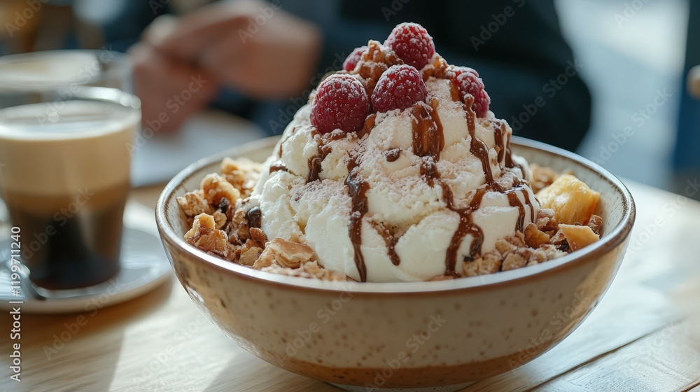 A bistro table with a large ice cream sundae dessert in a bowl on a table. A bistro table with a large ice cream sundae dessert in a bowl on a table.