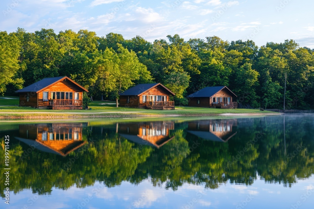Fototapeta premium Cozy cabins by serene lakeside retreat early morning reflection nature photography tranquil environment scenic viewpoint relaxation concept