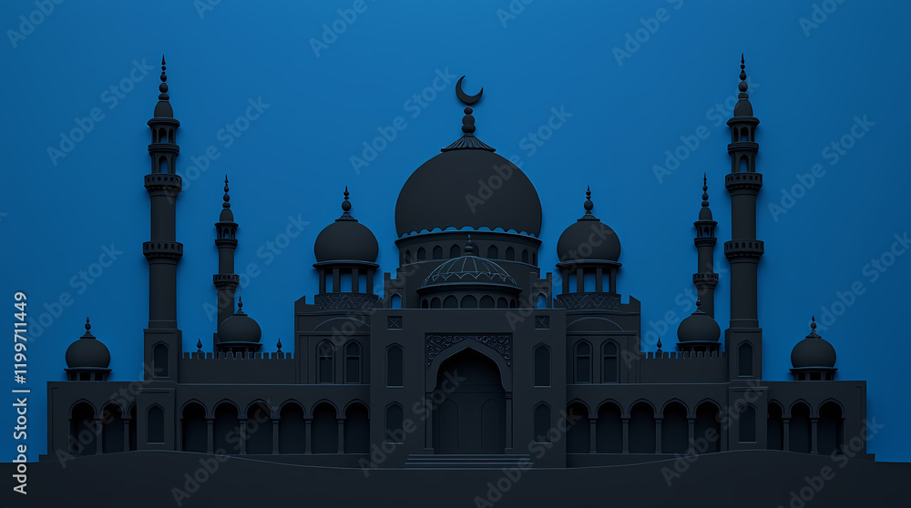 Obraz premium 3d illustration of mosque on blue background. 3d rendering. Modern mosque art with layered towers and contrasting deep blue background