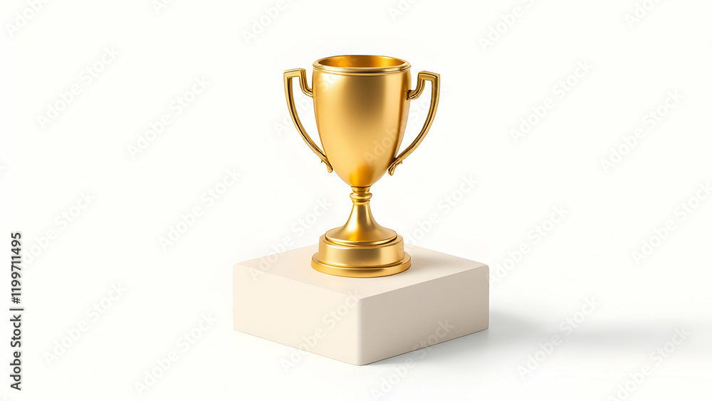 A gleaming golden trophy rests on a minimalist offwhite square pedestal, symbolizing achievement and success. The trophys design is classic and elegant, hinting at a significant accomplishment. A gleaming golden trophy rests on a minimalist offwhite square pedestal, symbolizing achievement and success. The trophys design is classic and elegant, hinting at a significant accomplishment.
