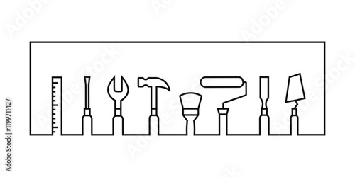 Set of work tools as building, repair, renovation, maintenance, facility management concept. Tool icons, wrench, hammer, paintbrush, paint roller and other construction instrument symbol in line art.