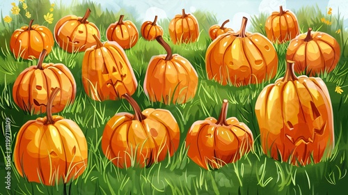 Vibrant Orange Pumpkins on Fresh Green Grass Outdoors Cartoon Illustration
