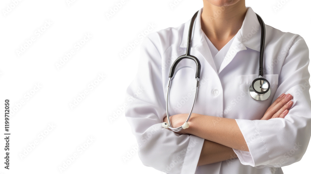 A healthcare professional in a lab coat with arms crossed, showcasing confidence and dedication in a medical environment. A healthcare professional in a lab coat with arms crossed, showcasing confidence and dedication in a medical environment.