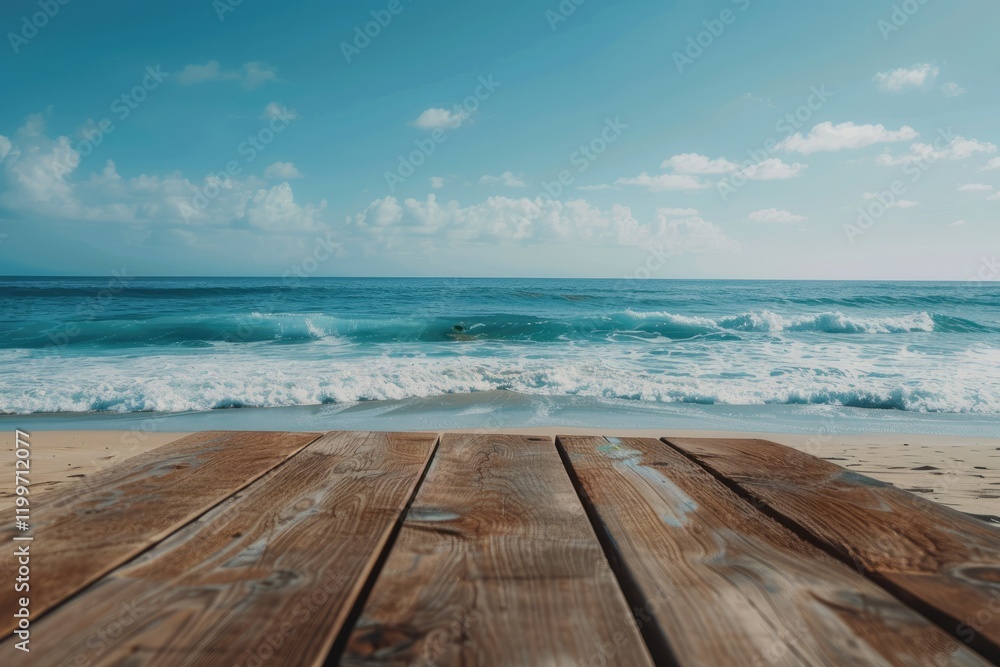Clear Pixel Picture of Wooden Table on Beach with Ocean Waves and Clear Sky Backdrop Clear Pixel Picture of Wooden Table on Beach with Ocean Waves and Clear Sky Backdrop