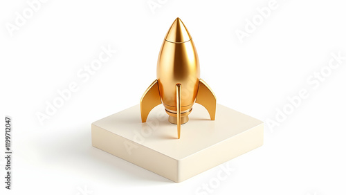 A goldcolored miniature rocket sits atop a square, offwhite pedestal against a white background.  It symbolizes success, innovation, and new beginnings. photo